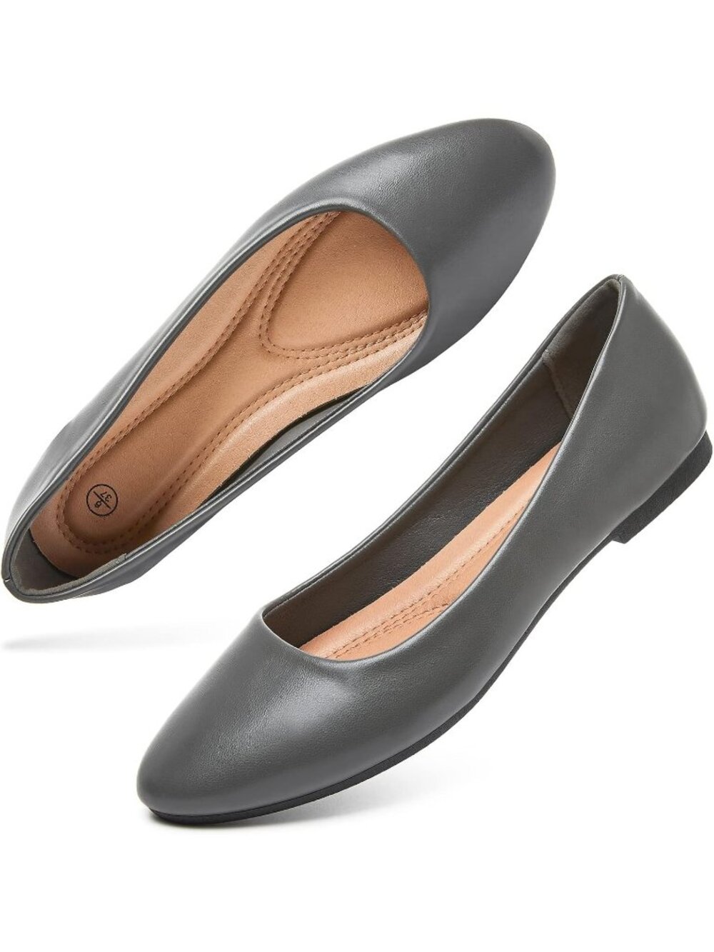 Women's Dark Grey Comfortable PU Leather Round Toe Slip on Ballet Flat Shoes